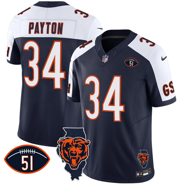 Men's Chicago Bears #34 Walter Payton Navy/White F.U.S.E. With Illinois and No. 51 Patch Stitched Football Jersey